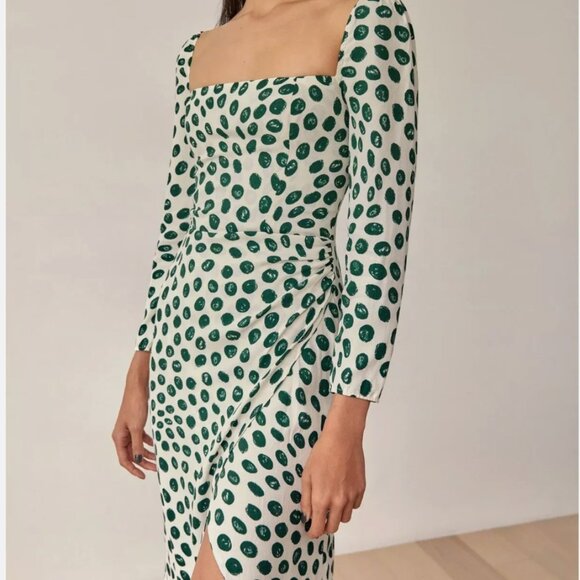 Reformation Hilda Midi Dress Tapioca Green Polka Dot Long Sleeves Wrap Style - Picture 2 of 7